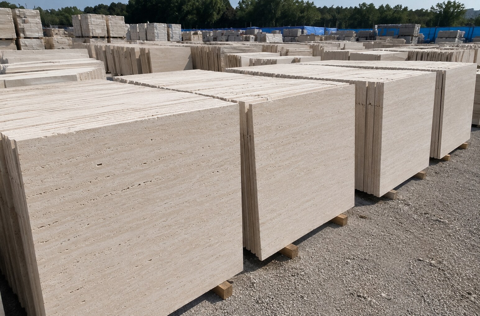 Classic Travertine slabs stacked in warehouse - Marble Fort