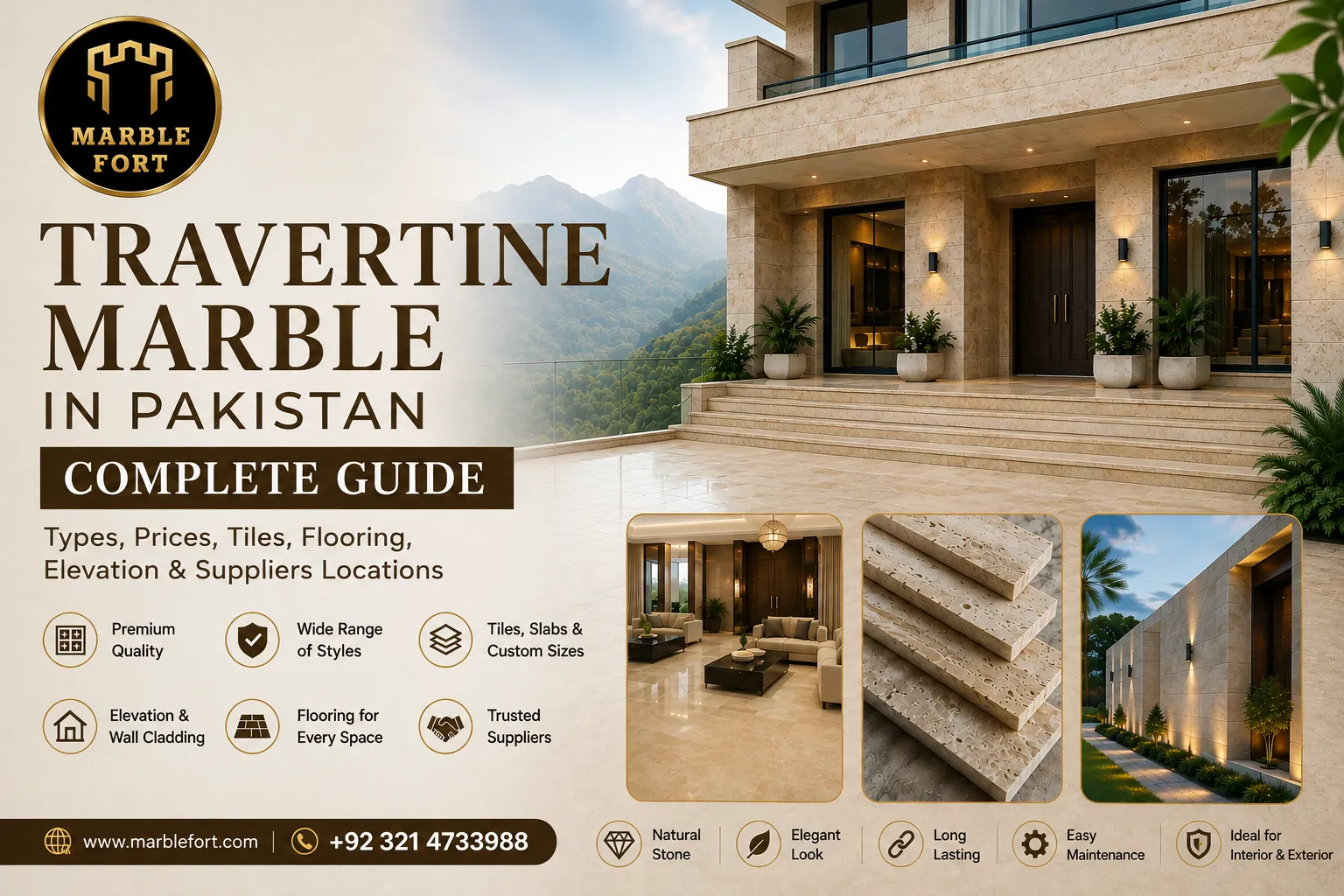 Travertine marble villa front elevation, slabs and flooring in Pakistan