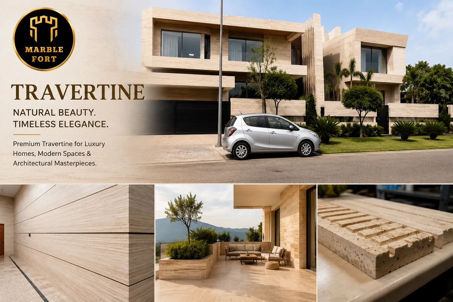 Travertine marble villa exterior and interior applications in Pakistan