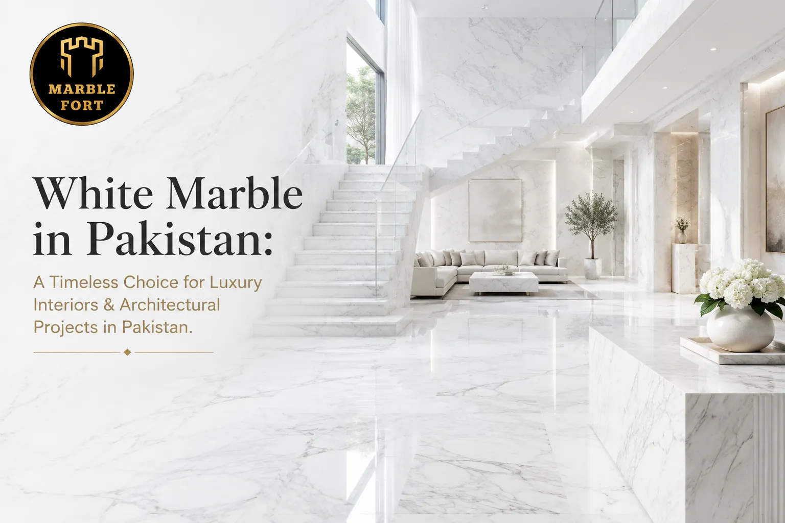 White marble luxury interior staircase and flooring in Pakistan