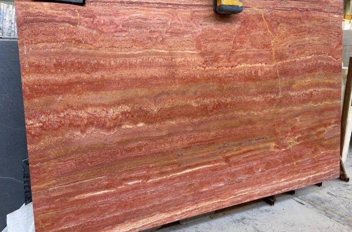 Red Travertine slab close-up texture - Marble Fort