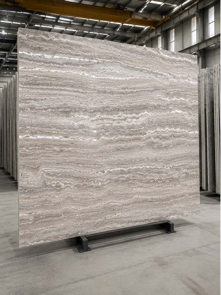 Silver Travertine slabs stacked in warehouse - Marble Fort