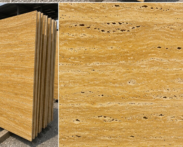 Yellow Travertine slabs stacked in warehouse - Marble Fort